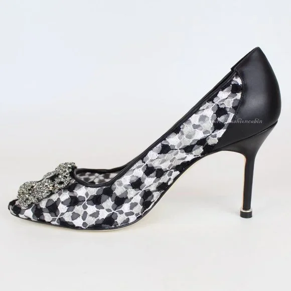 NEW MANOLO BLAHNIK Hangisi Mid-Heel Satin & Lace Pumps - Picture 8 of 13
